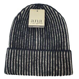 a.n.a Women's One Size Two Tone Stripes Black Cream Ribbed Knit Warm Beanie Hat